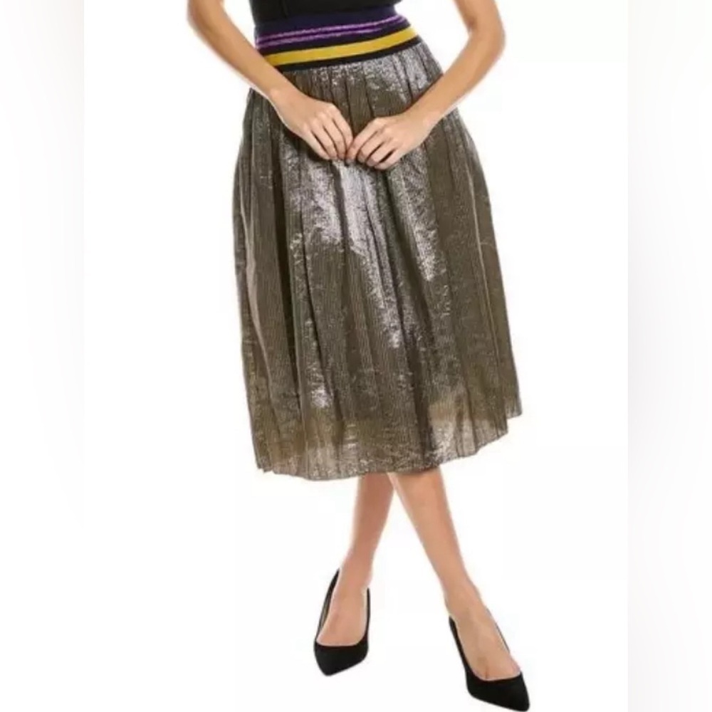 J. McLaughlin Size XS Metallic Gold Theda Pleated Midi Skirt New!